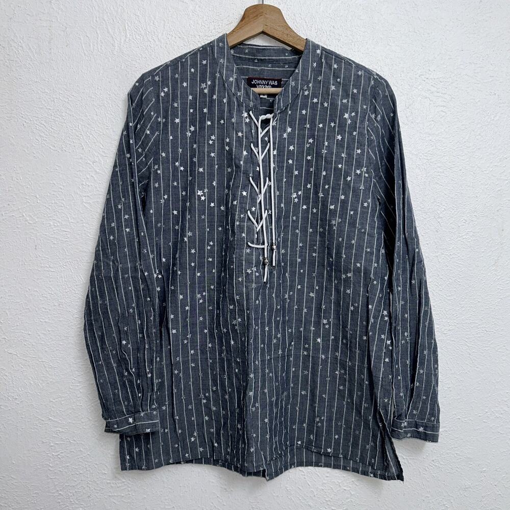 Johnny Was Workshop Tunic Blue Top Long Sleeve Stars Stripes Women’s Small